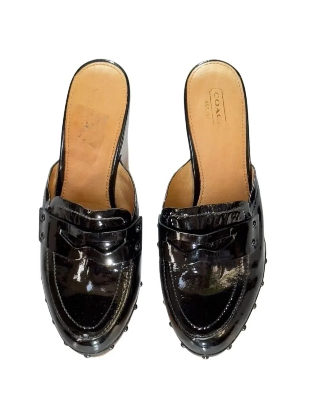 COACH Nalina Womens Shoes Black Patent Leather Platform Heels Studded Size 8.5B